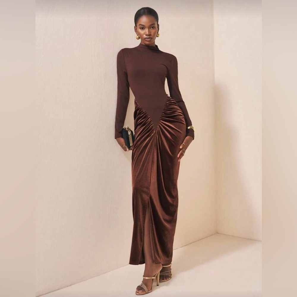 Brown Long Sleeve Ruched Velvet Maxi Dress Elegant Evening Gown Bodycon Chic - Picture 9 of 12